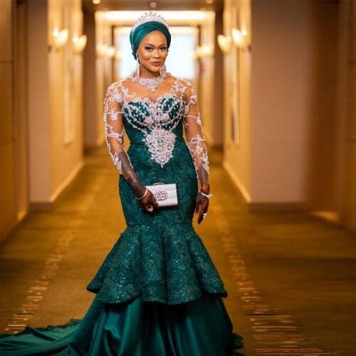 Hunter Green Mermaid Evening Dresses with Long Sleeve Appliques Crystal Tiered Skirt Formal Dress Plus Size Evening Gown