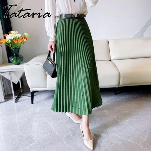 Green Satin Pleated Skirt Midi Skirks Womens 2021 Autumn High Fashion Office Lady Elastic Waist Skirt with Diamond Faldas Mujer