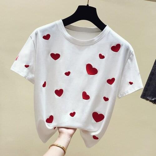 Women High Quality Cotton T Shirt 2020 Summer New Women Fashion Short Sleeve O-neck Love Heart Print Casual Tops Tee Shirt