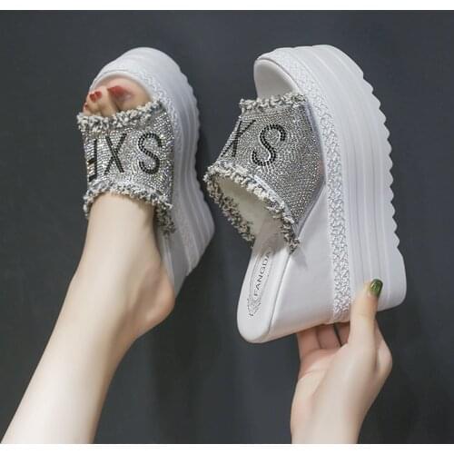 Crystal slippers women summer platform wedge slippers women sandals high heels slippers beach slides Zapatos De Mujer 2021