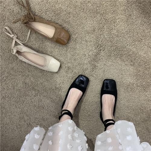 JuneLove Women Shoes Korean Casual Summer Flat 2020 New Square Splicing Design Cross Tie Flat Sole Low Top PU Lace-Up Shoes