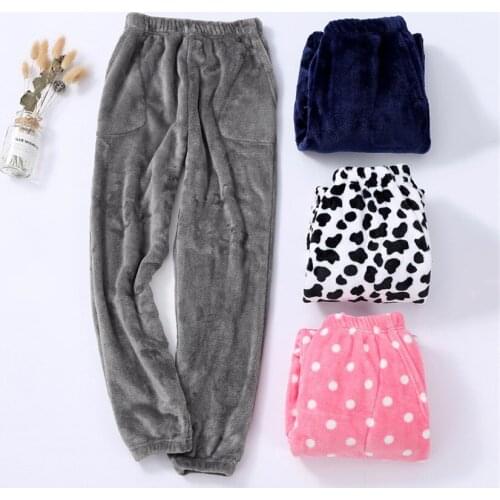 Sleep Bottom Women Winter Full Length Pajama Pants Flannel Casual Soft Warm Thick Daily Homewear Plus Velvet Couples Trousers