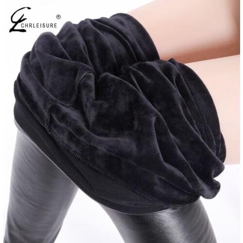 Plus Size Winter Leather Leggings Women Warm Velvet Legging Femme High Waist Thick Stretch Leggins Mujer