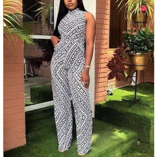 2021 Summer New Long Jumpsuit Sleeveless High Waist Straight Print White Elegant For Work Business Office Lady Fashion Jumpsuits
