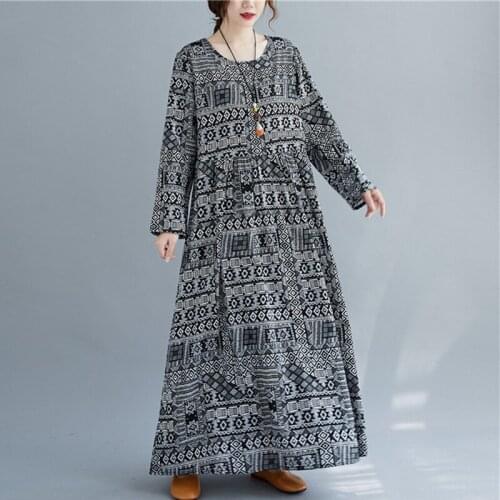 Long Sleeve Loose Autumn Dress Cotton Linen Print Floral Vintage Dress Women Long Maxi Spring Dress Female Casual Dress