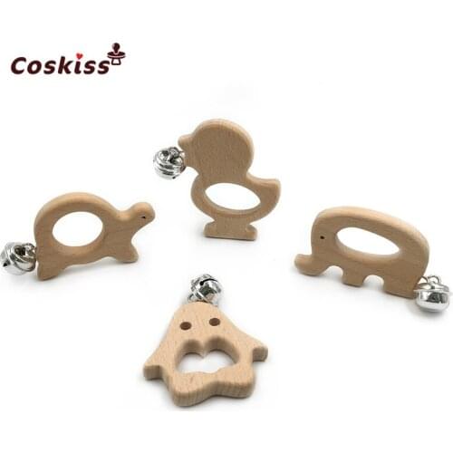 4pcs Baby Teether Bells Natural Handmade Beech Wooden Elephant-Tortoise-Penguin-Duck DIY Safe Newborns Wooden Teether Toys