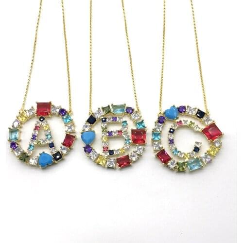 5pcs/lot New Trend Colorful Cubic Zirconia Micro Paved 26 letters Initials Round Pendant Necklace For Women Jewelry