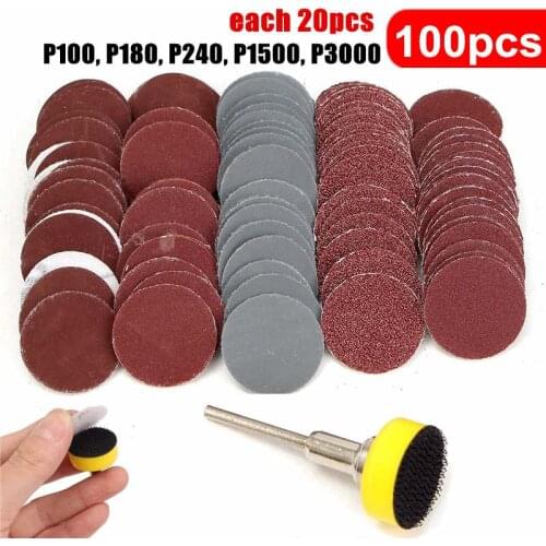 100Pcs 1'' 25mm Sanding Disc + Loop Sanding Pad 1inch + 1/8inch Shank Abrasives Hook Loop Backer Sandpaper 100-3000 Grit