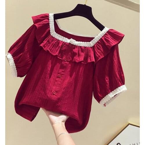 Women Office Lady Blouses Shirts Ruffle Sweet Short Sleeve Square Collar Blouse Shirts Temperament Blouses Roupas A135