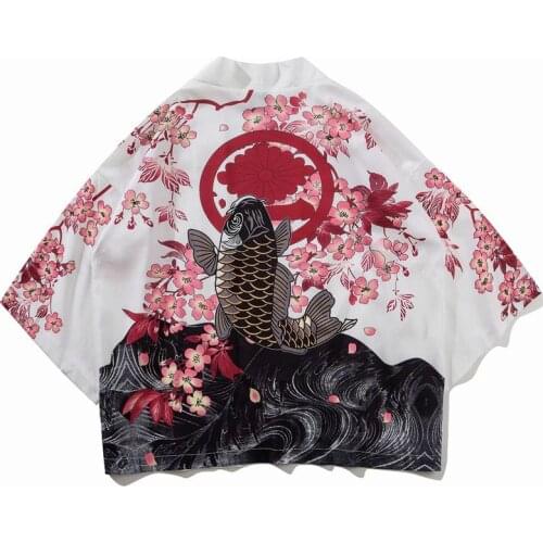 Japanese Kimono Koi Fish Printed Harajuku Summer Men Japan Style Streetwear Jacket Thin Clothes Loose Traditional Kimono Robe