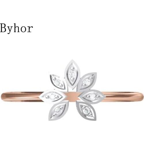 Byhor Solid 14K White+Rose Gold 0.031ct H/SI Natural Diamonds ring Women Fine Jewelry Trendy Wedding Band Leaf кольцo кольцa