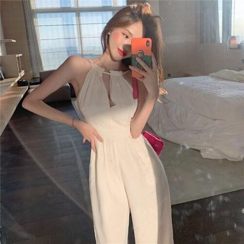 White Halter Jumpsuit Womens Sexy Thin Loose Casual Trousers Fashion Spring Summer 2021 New Female High Waist Wide Leg Pants