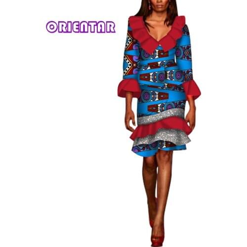 2 Pieces Set Women African Skirts Suits African Wax Print Ruffles Neck African Tops Short Skirt Bazin Riche African Suit WY7194