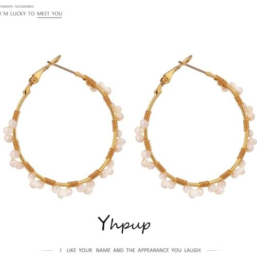 Yhpup Trendy Korean Elegant Natural Pearls Hoop Earrings Copper Handmade Charm Earrings for Bride Wedding Jewelry Gift Oorbellen