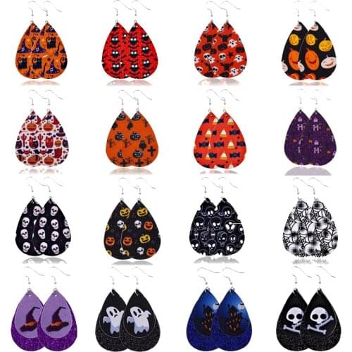 New Arrival Halloween Pattern Teardrop Faux Leather Earrings for Women Skull Punk Long Lightweight Drop Dangle Earings Wholesale