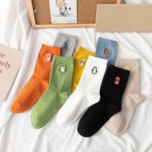 Korean Style Socks Women Cartoon Animal Pig Printed Penguin Embroidery Cotton Breathable White Cute Kawaii Socks calcetas meias