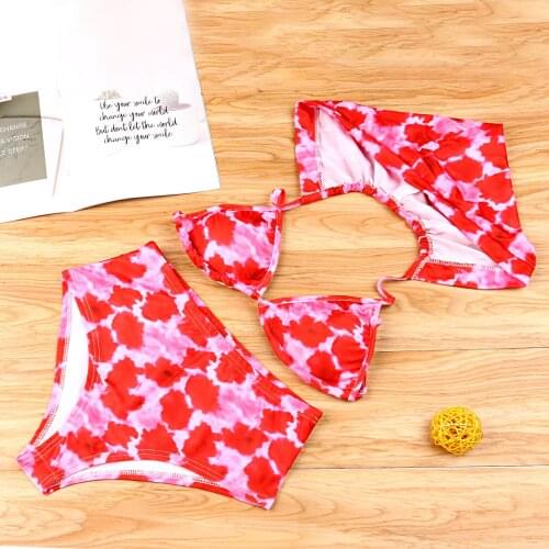 2021 New Womens Sexy Two Piece Split Bikini Fashion Rose Printed Lace-Up Hooded Camisole and High Waist Thong Swimsuits