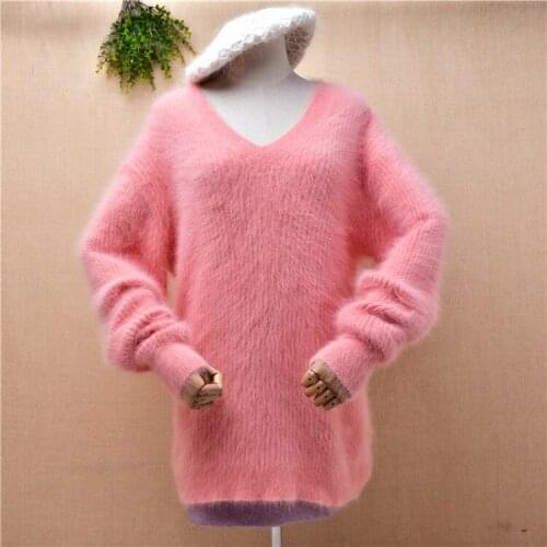 Female women winter clothing hairy plush mink cashmere knitted pink v-neck striped loose pullover angora fur sweater pull tops