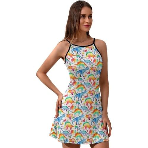 Rainbow Dress Suspender Disco Tight Dresses Casual Teen Polyester Printed One-Piece Dress