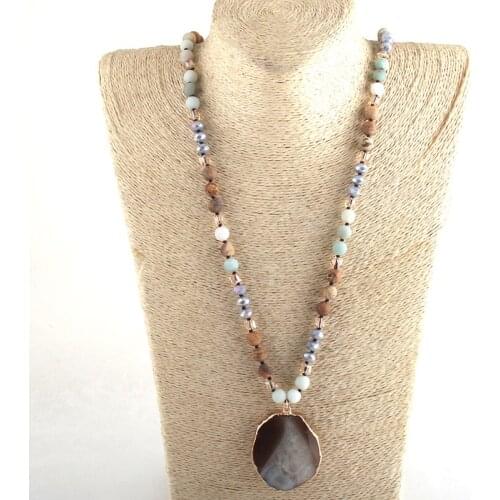 MOODPC Fashion Bohemian Tribal Jewelry Crystal / Stone Long Knotted Natural Gray Agt Pendant Necklaces For Women Jewelry