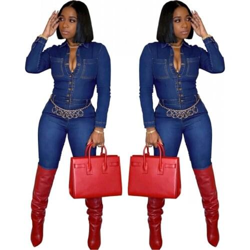 Blue Jean Jumpsuit Sexy Fashion Jeans Slim Women Jumpsuit Autumn/Winter New Lapel Single Breasted High Stretch African Clothing