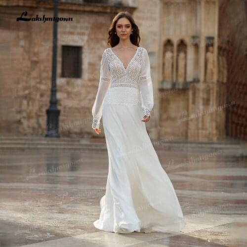 Boho Long Puff Sleeve Wedding Dresses V-Neck Beach Backless Bohemian Bride Dresses Robe De Mariee Simple Chiffon Wedding Gowns