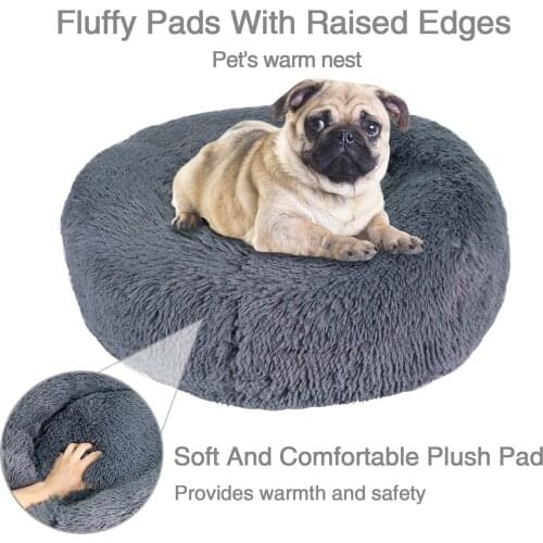 Dark Grey Round Long Plush Dog Beds Winter Pet Products Cushion Super Soft Fluffy Comfortable Cat Mat Supplies Accessories