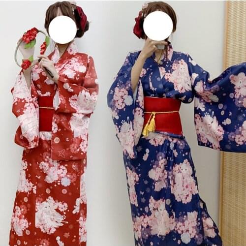 Japanese Traditional Kimono Haori Sakura Print Yukata Bathrobe Pajamas Robes Gown Evening Dress Party Vintage Cosplay Costume