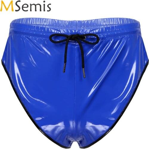 Mens Lingerie Sexy Patent Leather Briefs Underwear Briefs with Pocket Drawstring Elastic Waistband Shorts Nightclub Panties