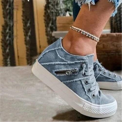 New Canvas Shoes Women 2021 Spring Fashion Zipper Lace Up Ladies Denim Fabric Flat Loafers Comfortable Female Trendy Sneakers