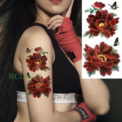 Waterproof Temporary Tattoo Sticker Red Peony Flower Butterfly Fake Tatto Flash Tatoo leg Arm hand foot tatouage for Girl Women