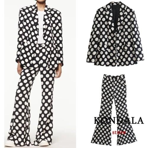 KONDALA Za 2021 Chic Black Dot Print Oversized Women Blazer Vintage V Neck Pockets Long Jackets Women Fashion Autumn Outwears