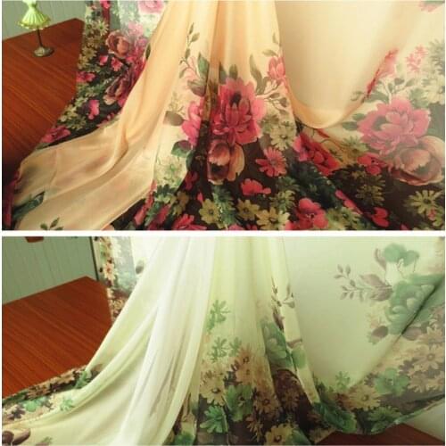 2meters/lot green pink floral print chiffon gauze elegant dress fabric tecido