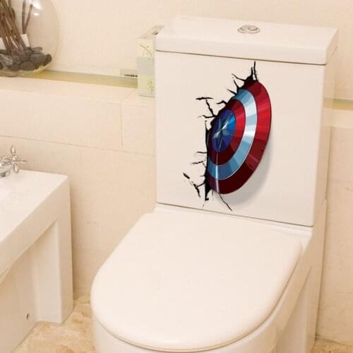 Disney 3D Vivid Captain America Shield Through Wall Stickers For Toilet Decor The Avengers Wall Decals Art PVC Mural Posters