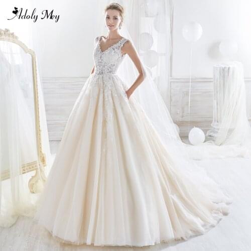 Adoly Mey Charming V-Neck Button Tulle A-Line Wedding Dress 2020 Luxury Sashes Beaded Appliques Court Train Princess Bride Gown