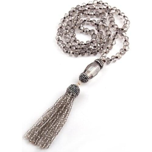 Free Shipping Fashion Bohemian Jewelry Grey Crystal Glass Knotted Handmake Paved Crystal Tubes Tassel Long Necklace For Women