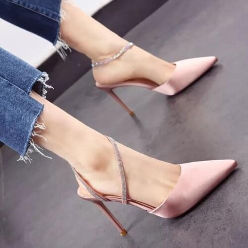 Sandals 2021 summer new Korean style pointed satin stiletto high heels rhinestone pink wedding shoes women