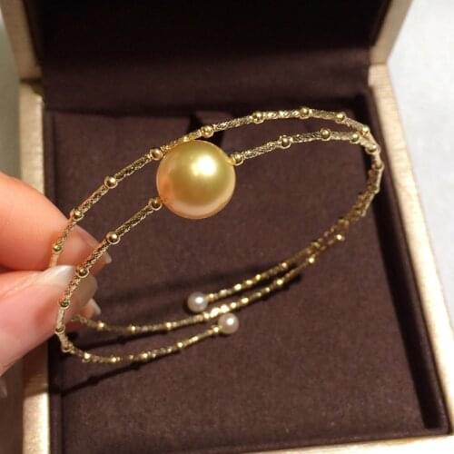 Sinya Natural Golden pearls 18k AU750 gold tube Bangles bracelet for women girl Mom lover pearl diameter 10-11cm