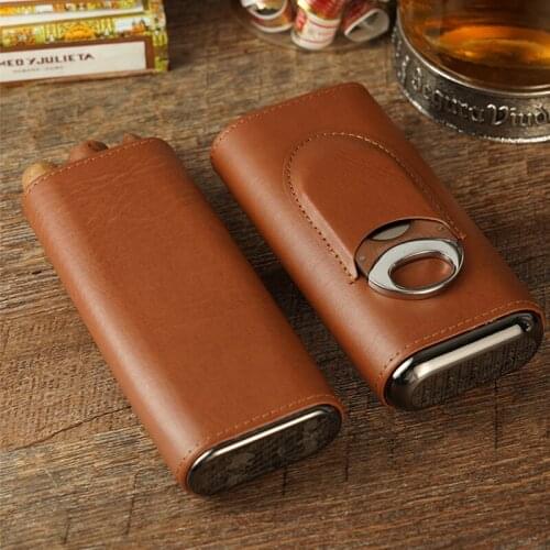 Genuine Leather Cigar Case With Cutter, Travel Portable 3 Cigars Holder, Cedar Wood Cigar Humidor Accessories Set
