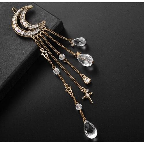SHUANGR Elegant Women Lady Moon Rhinestone Crystal Tassel Long Chain Beads Dangle Hairpin Hair Clip Hair Jewelry Gift