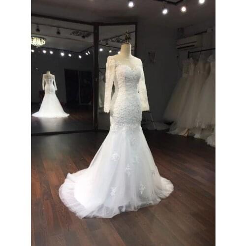 Elegant Long Mermaid Wedding Dresses with Sleeves Shear Tulle Illusion Back Bridal Sweep Train Gowns for Women Real Pictures