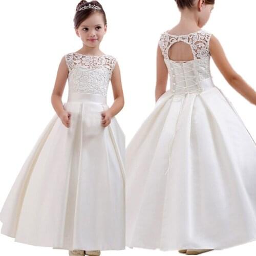 Elegant Flower Girls Dresses for Wedding Jewel Pearl Bow First Communion Dress Stain Floor Length Kids Formal Wear Birthday Gown