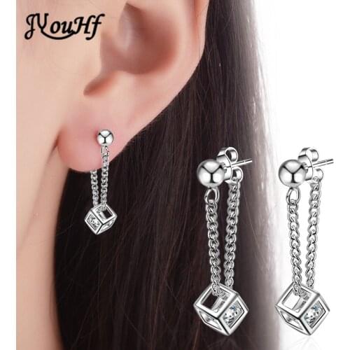 JYouHF Fashionable Women Gift AAA Zircon Rubiks Cube Charm Earrings Jewelry Gentle Fashion Silver Plated Link Chain Earrings
