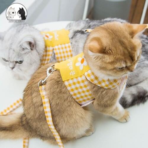 Plaid fabric Cat Dog Adjustable Harness Vest Breathable Cotton Walking Lead Leash Collar Harness For Small Medium Pet