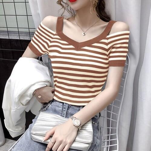 Korean Fashion V-neck Striped Knit Summer Short Sleeve T-shirt Sexy Strapless T-shirt