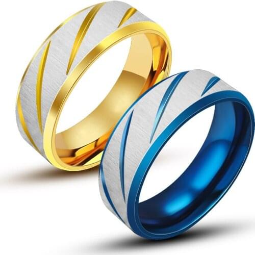 6MM Gold Blue Brushed Ring for Men Stainless Steel Band Rings Engagement Wedding Anniversary Male Jewelry
