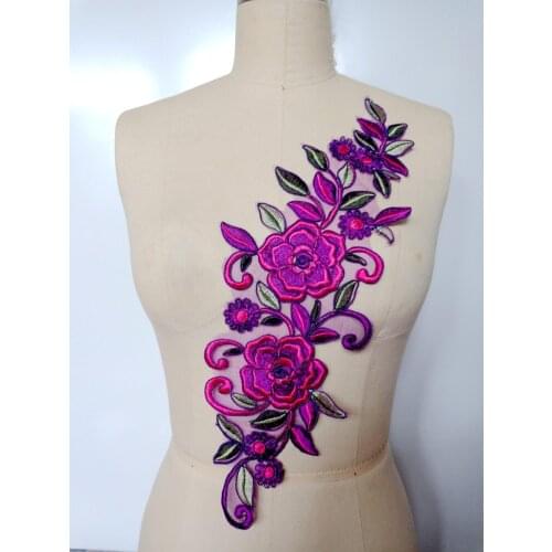 Sew on multicolored lace applique trim rose red/purple/green Water - soluble embroidery lace 42*14cm for dress skirt