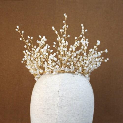 Luxury Retro Bridal Headdress Gold Bracket Perforated Magnetic Bead Crown Hair Hoop for Wedding Perform Studio Travel Photo O879