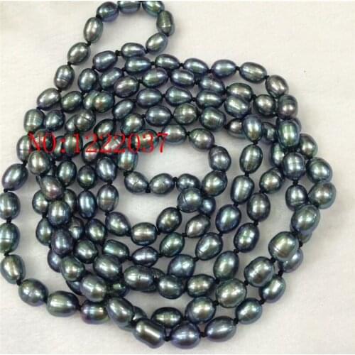 Natural NEW freshwater cultured black rice-shaped pearl necklace 7-8MM AA 50 inches Long sweater necklace