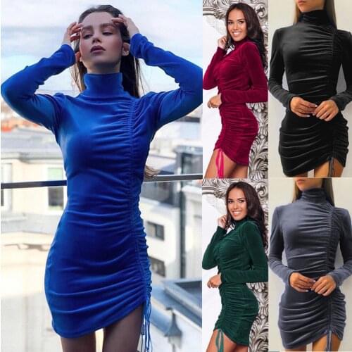 Vestido ajustado casual de manga larga para mujer Vestido corto plisado con cordón de color sólido a la moda